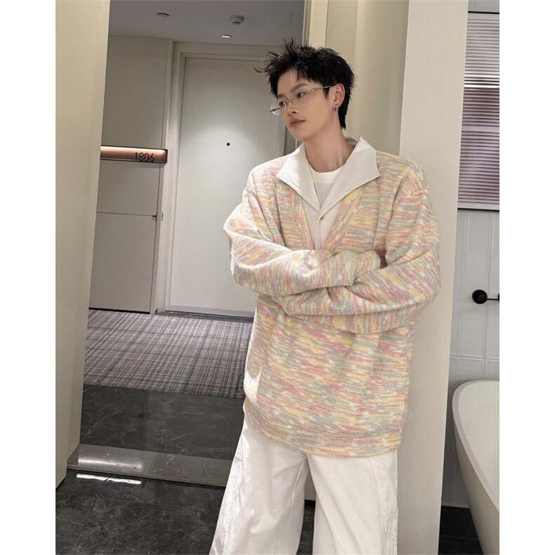 美式男士卫衣慵懒风彩点假两件翻领毛衣外衣宽松休闲针织衫，男装针织衫/毛衣，电商B319