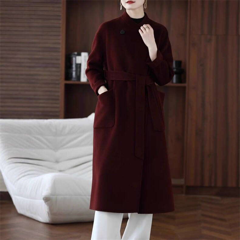 大衣系带立领新款气质毛呢高端双面外套长款上衣，女装双面呢大衣，赛欧妮