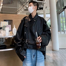 MS6302-P90美式复古短款皮衣外套男春秋季腰带设计感小众机车夹克，男装夹克，电商C233