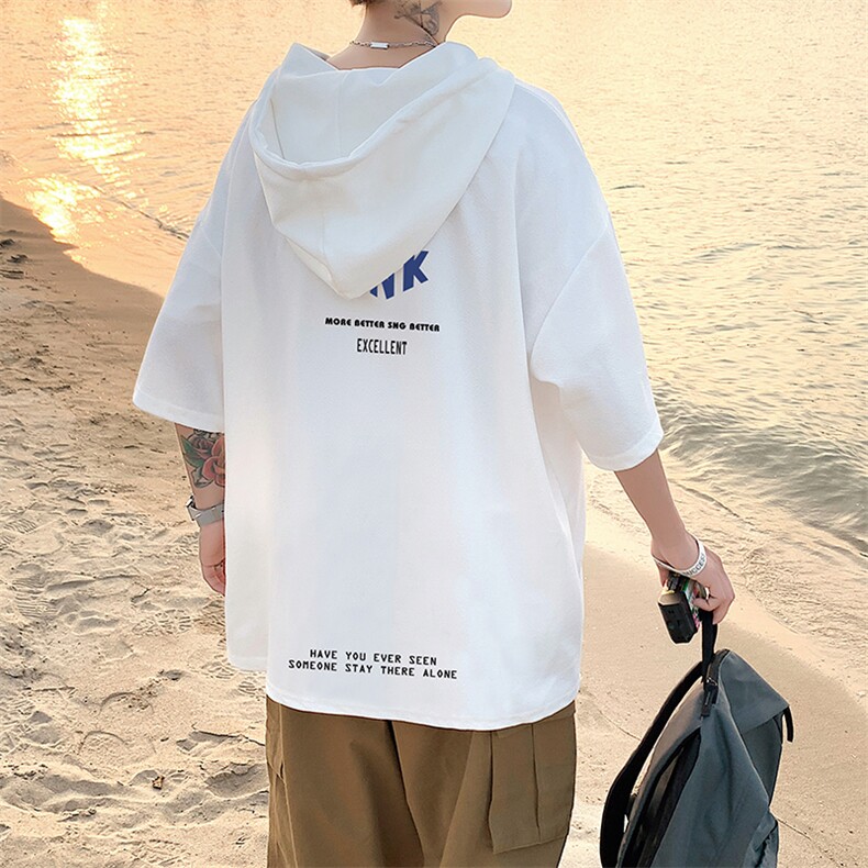 LD54120-P45连帽短袖t恤男大码胖子带帽五分袖中袖,男装T恤,电商A040