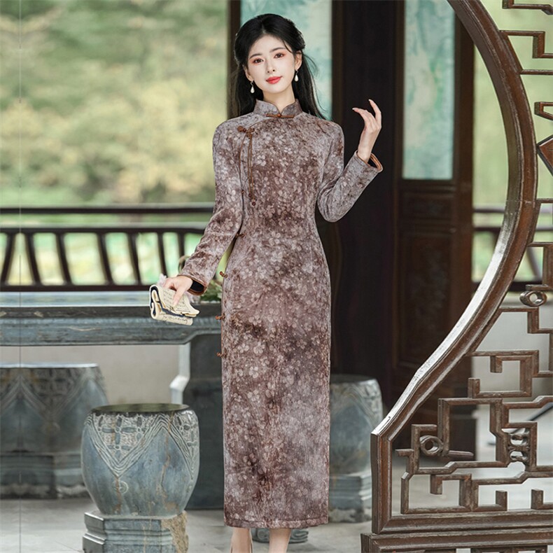 新中式风立领流苏盘扣纤格绒加绒旗袍2653P155,女装汉服/婚纱/旗袍/礼服,乐衣轩
