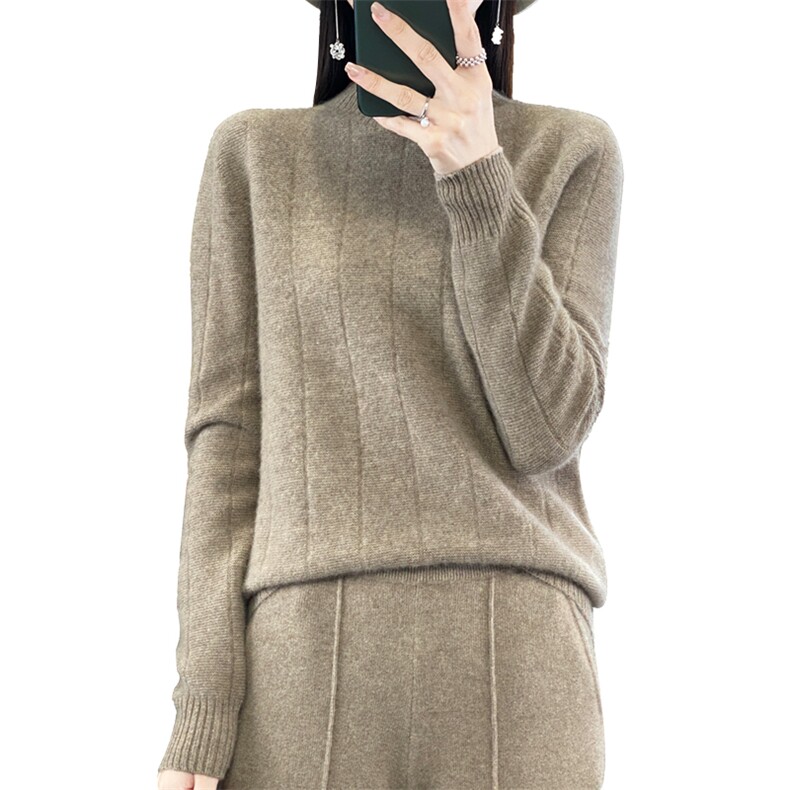 竖条半高长袖纯色2024年秋季套头简约羊毛衫,女装羊毛衫,羿纯羊绒