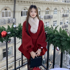 现货新款圣诞款2176-P350-K520双面羊绒大衣配围脖，女装双面呢大衣，韩然一族