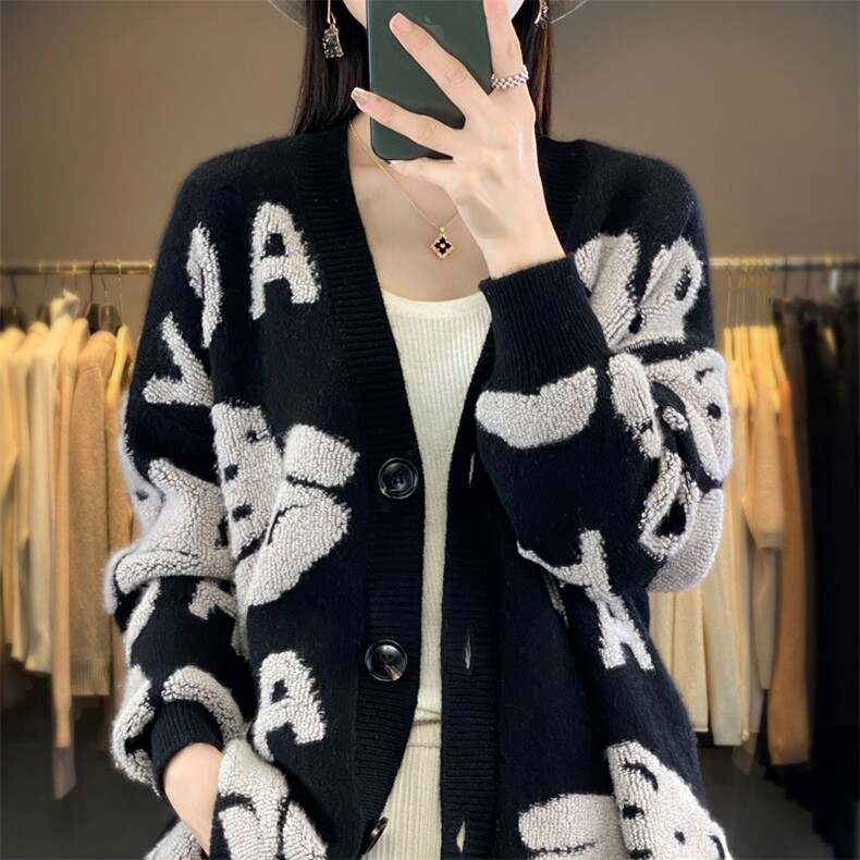 时尚字母图案宽松显瘦舒适时尚羊绒开衫女,女装羊绒衫,琳华羊绒