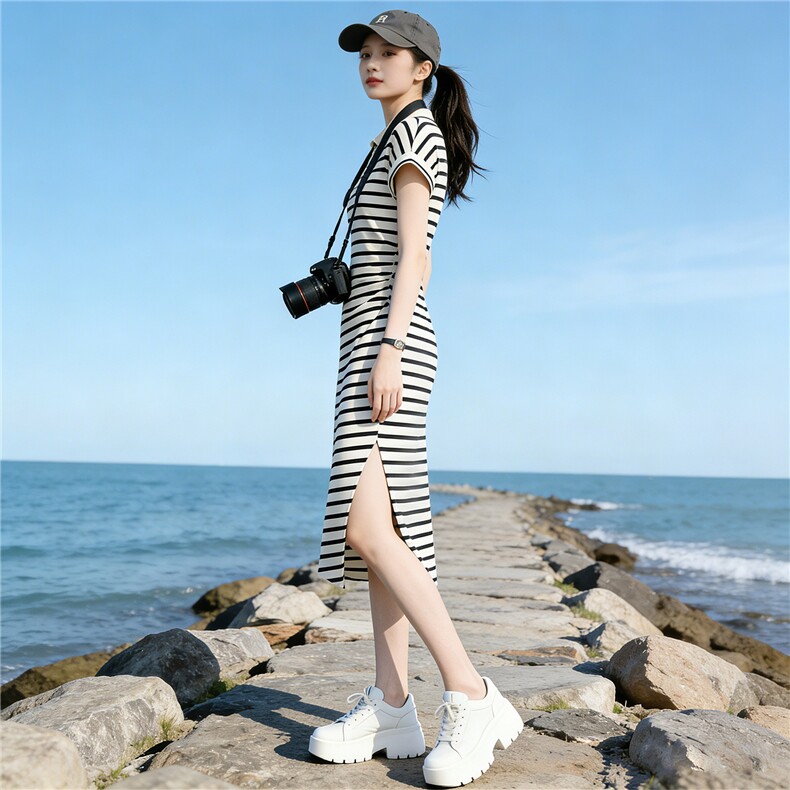 黑白条纹时尚洋气Polo领休闲连衣裙女夏新款收腰显瘦开叉中长裙子,女装套装/套裙,江南