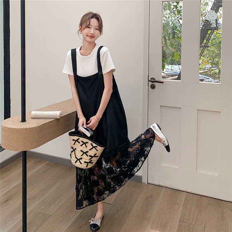高级感简约淡人减龄T恤套装夏季2025赫本风黑色蕾丝背带裙两件套，女装连衣裙，浙宝208