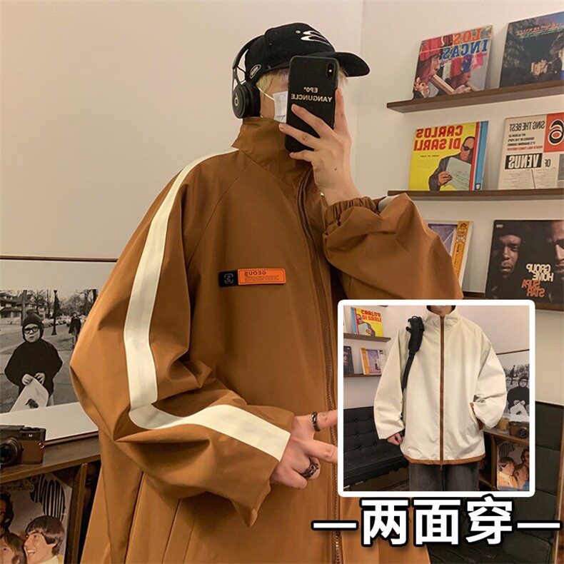 JK9037/P65春装新款个性魔术贴立领两面穿夹克男防水冲锋衣外套，男装夹克，电商A141