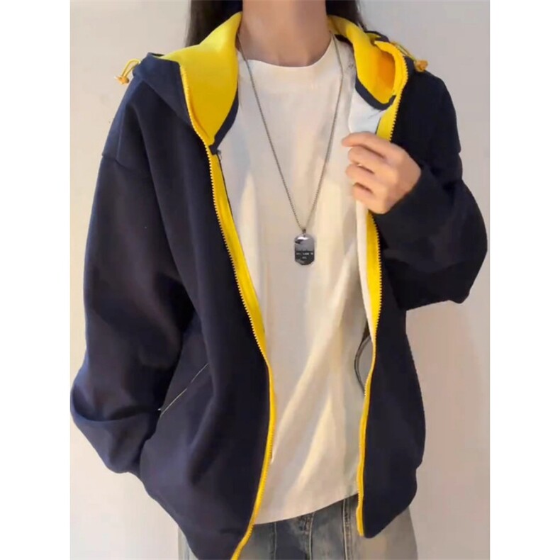 撞色拉炼开衫连帽卫衣男款秋季cleanfit宽松休闲情侣外套WYM510,女装短外套,星座516A