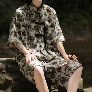 2025夏季新中式冰丝垂感花衬衣宽松休闲五分套装男TZ666-P58控78图片