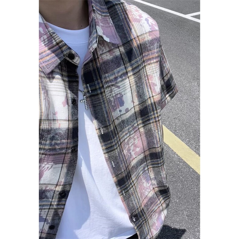 美式扎染格子衬衫短袖男女同款夏季衬衣半袖外套DC2240-特价P25,男装T恤,电商A007