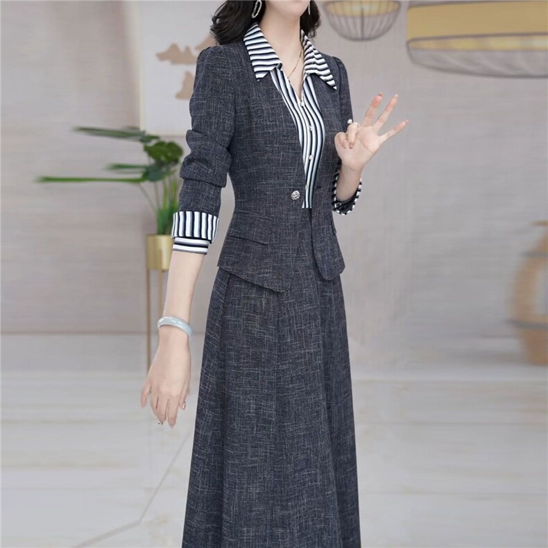 梦晚时尚西服套装裙女秋装2025新款显瘦干练条纹拼接连衣裙两件套,女装套装/套裙,超越
