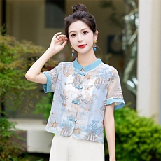 现货新中式盘扣刺绣防晒衣女夏2025新款气质立领唐装短袖薄款上衣，女装防晒衣，美静678