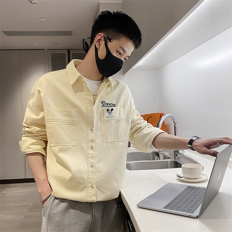 社会风秋纯色宽松卡通贴标刺绣衬衫B297-7702-P73控108,男装衬衫,电商B297