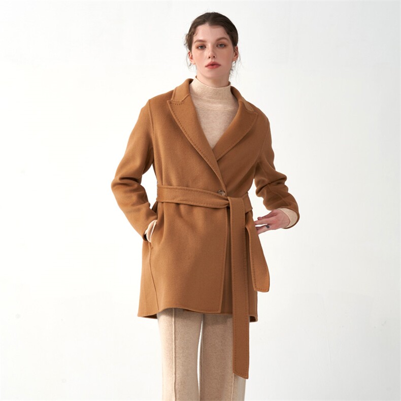 秋冬季羊毛休闲气质通勤经典V领简约腰带双面呢大衣中款，女装双面呢大衣，彬斯双面尼