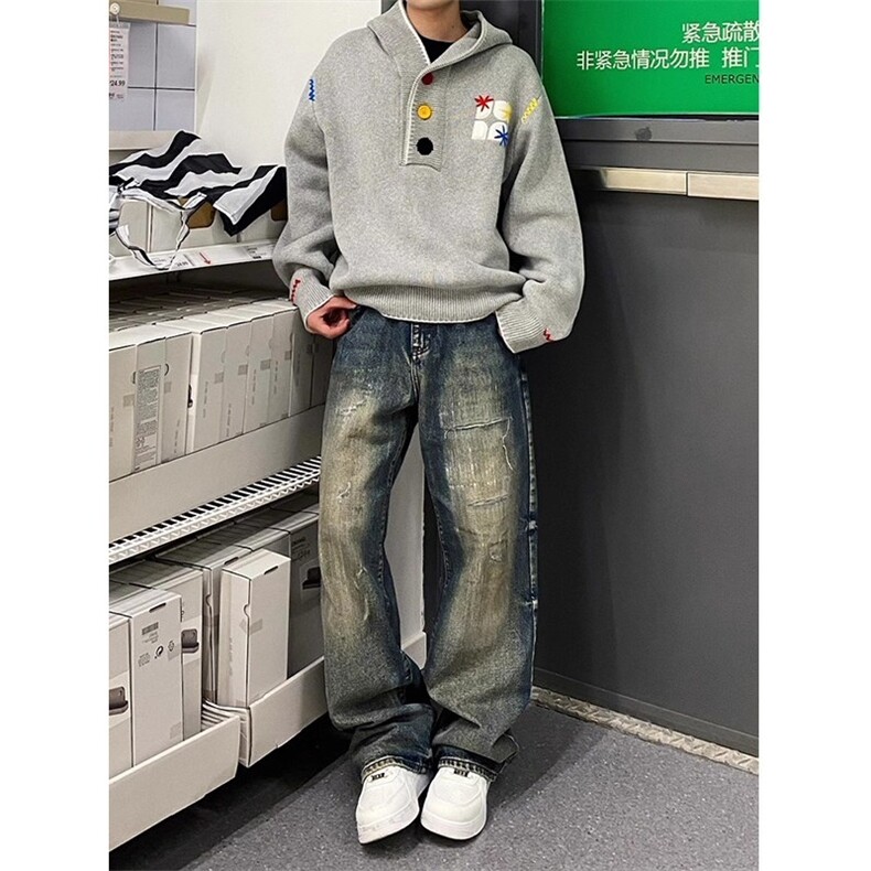 GC0916-P62刺绣连帽毛衣男女款多巴胺彩色宽松针织衫慵懒卫衣外套,男装针织衫/毛衣,电商C233