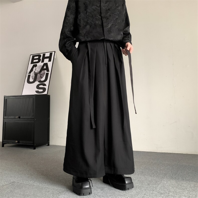 中式日系复古山本风百褶飘带设计无性别穿搭阔腿西裤武士西裤,男装西裤,星座909