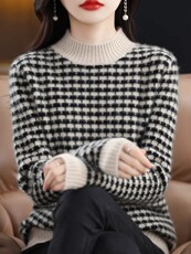 2025年秋季半高领千鸟格内搭洋气时尚百搭通勤简约，女装羊毛衫，兰叶羊绒