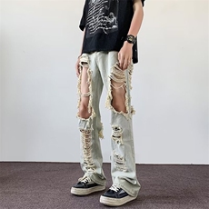 牛仔裤男夏季复古高街破洞乞丐裤痞帅炸街修身直筒裤子8231/P45，男装牛仔裤，星座506