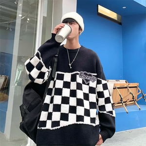 秋冬棋盘格子毛衣男加厚设计感小众网红潮牌圆领套头YJ05P45图片