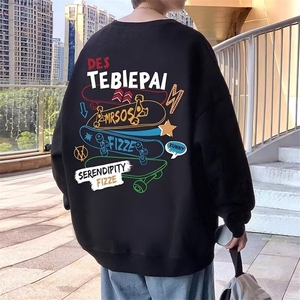 运动滑板印花圆领卫衣男春秋季长袖打底衫潮流美式宽松外套无帽款图片