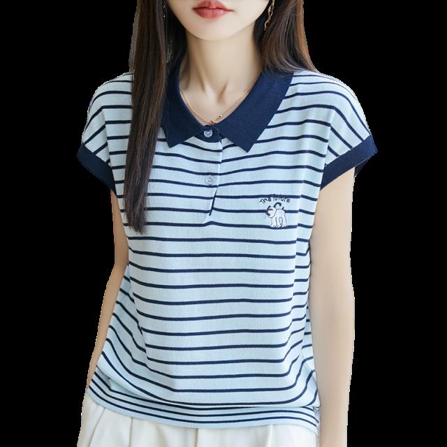 夏季新款女装polo领时尚休闲百搭针织上衣冰丝小衫条纹短袖T恤女,女装T恤,菲奥羊绒