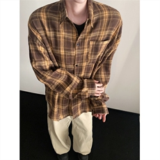 现货~格子大码长袖衬衫C5882/特P23咖色，男装衬衫，电商A094