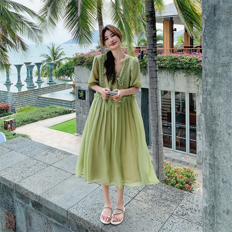 【现货夏装】绿色蕾丝花边拼接蝴蝶结连衣裙2C158-8386-P120-K178,女装连衣裙,2C158