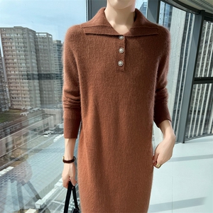 2025秋冬百搭时尚简约针织翻领长款图片