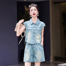 小个子牛仔套装女2025夏季新款高级感时尚气质减龄显瘦短裤两件套，女装套装/套裙，慕依路
