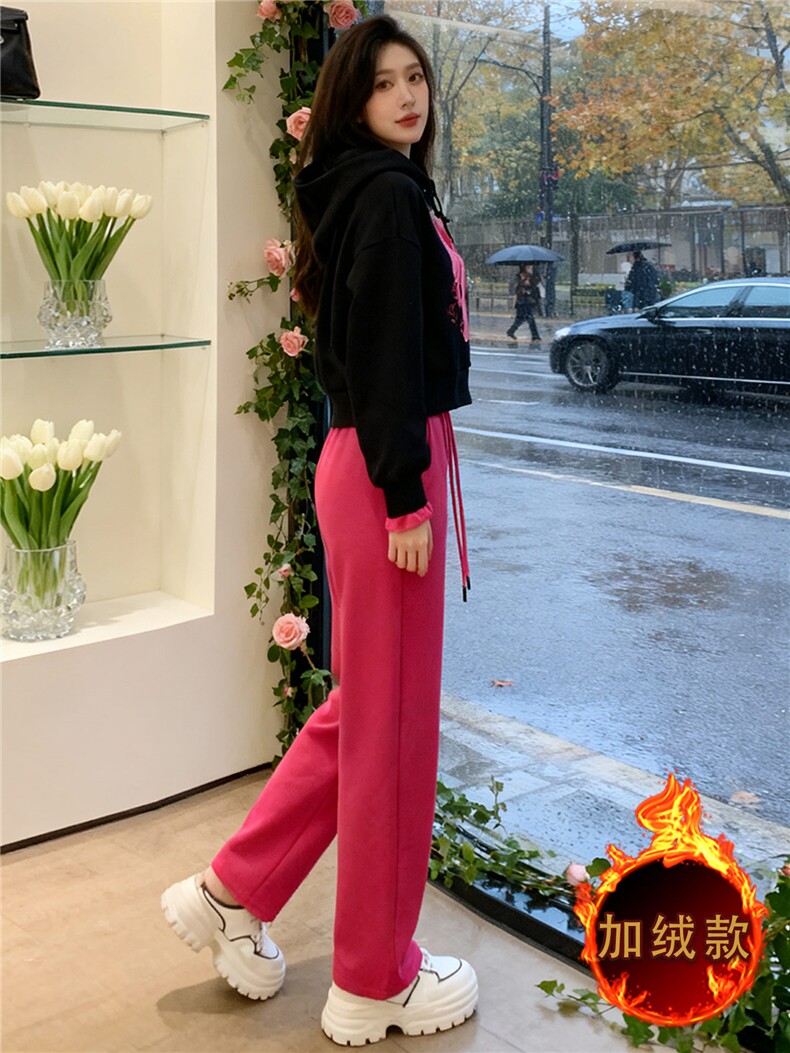 休闲运动套装女秋冬新款潮流时尚卡通刺绣连帽卫衣直筒长裤两件套,女装套装/套裙,江南