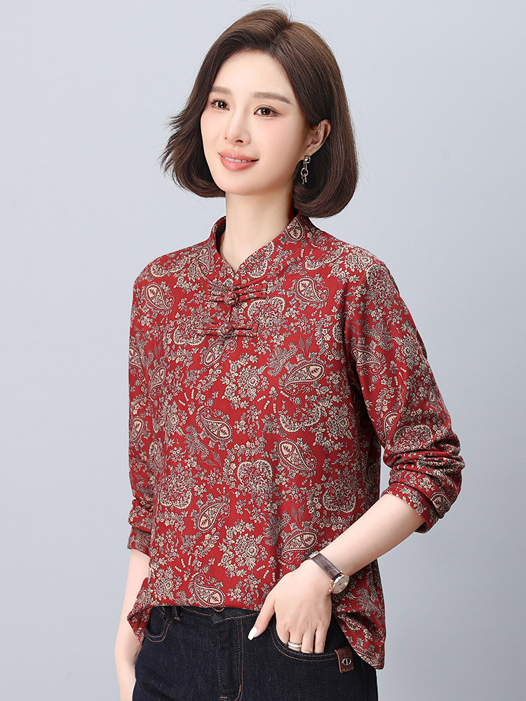 大量现货打底衫女2024新款中式复古长袖加绒盘扣T恤宽松妈妈印花,女装大码女装,奕阳依阁