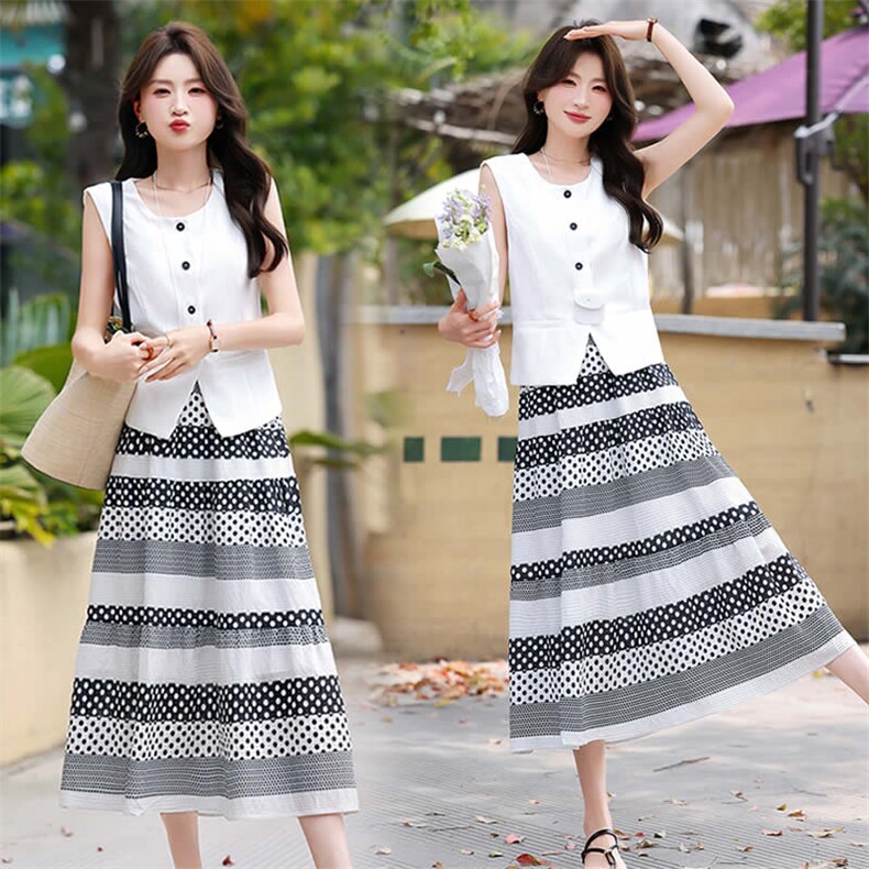 现货高级感马甲套装女新款拼色波点印花半身裙两件套，女装套装/套裙，韩蔻秀