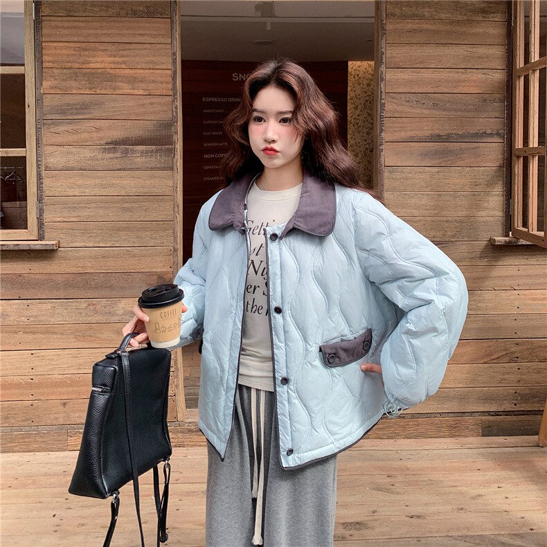 慵懒风撞色翻领两面穿格纹羽绒服女2025冬季新款日系温柔风厚外套,女装羽绒服,2D078
