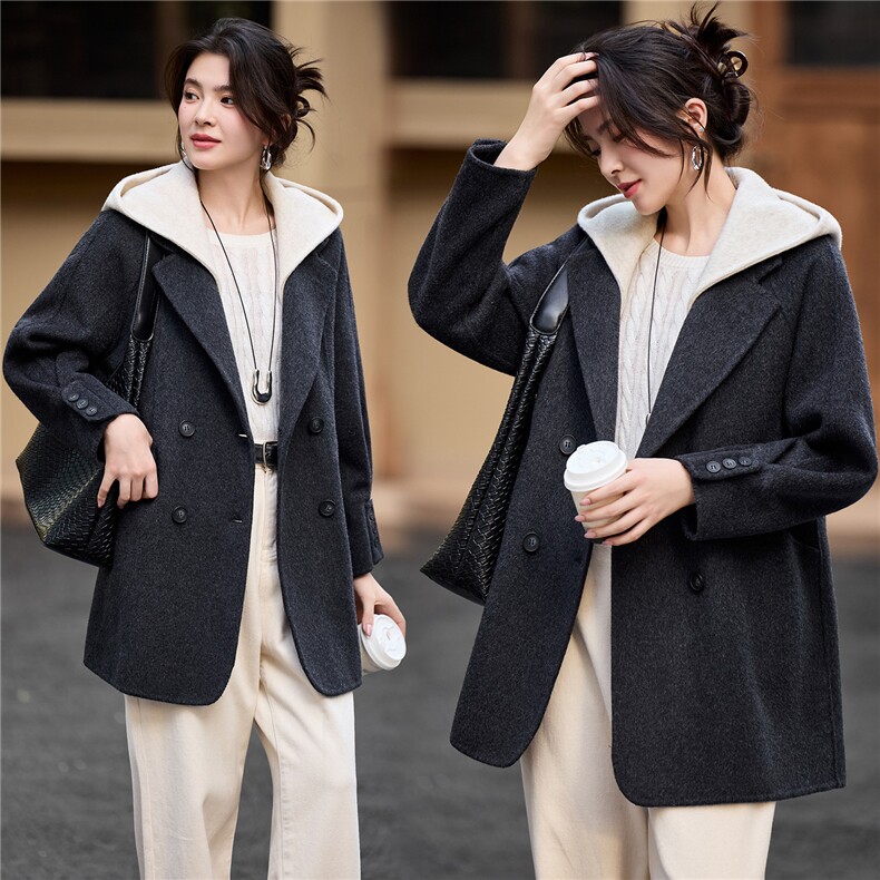 2025年冬季中长款羊毛呢子大衣拼色可脱卸连帽双面羊绒毛呢外套，女装双面呢大衣，简韵佳