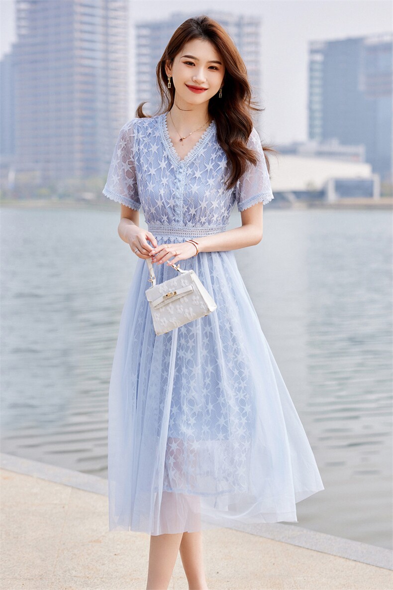 时尚潮流2023年夏季新款甜美显瘦蕾丝网纱拼接长款连衣裙,女装连衣裙,安之芮娜