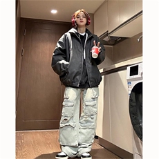 （抖音）美式机车PU水洗晕染做旧加厚皮棉衣XZ301APY002P128，男装棉衣，星座301A