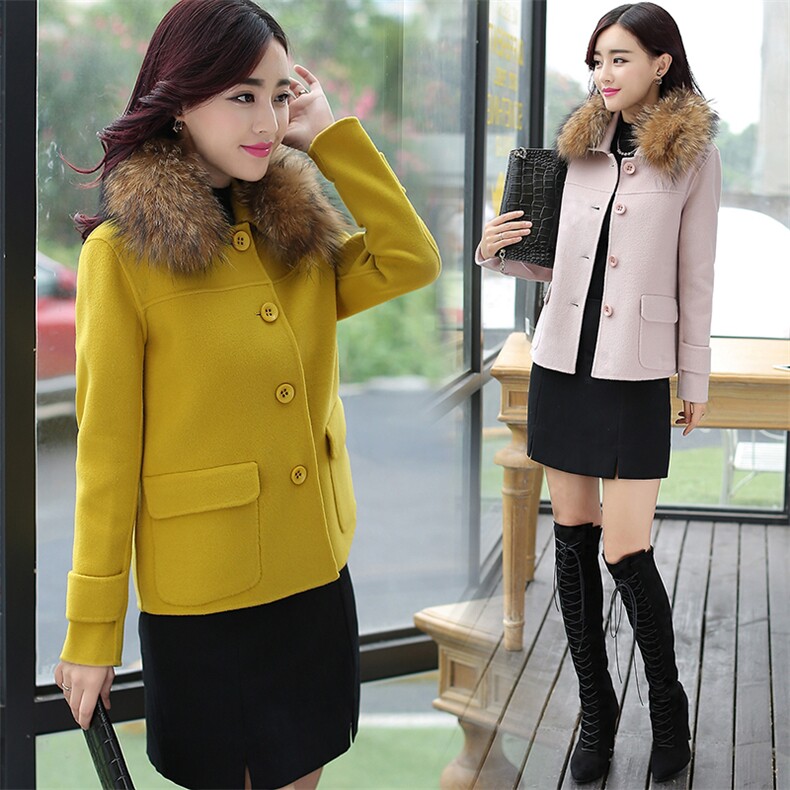 韩版时尚秋冬装长袖甜美排扣翻领显瘦短款毛呢外套，女装毛呢外套，芷墨服饰