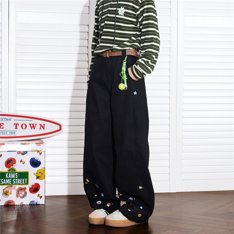 美式绣花弯刀工装裤潮秋季宽松复古拼接阔腿休闲长裤子MKF135P55，男装工装外套，星座1013-5