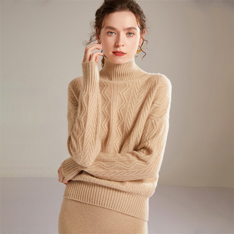 2024秋冬新款山羊绒女士高领绞花羊绒衫，女装羊绒衫，镁纯羊绒