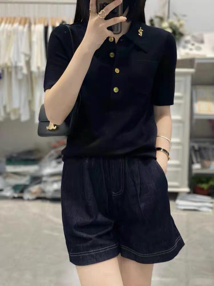 夏季新款女时尚百搭显瘦POLO带兜短袖,女装T恤,狄美羊绒