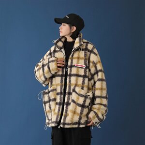 黄色格子羊羔毛大口袋外套男女冬季宽松短款加厚棉服mj400-p138图片