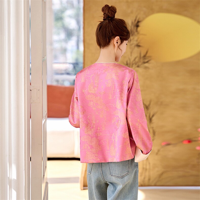 轻奢粉色新中式国风外套女短外套2025初春新款圆领提花刺绣洋气潮,女装短外套,牡丹诺