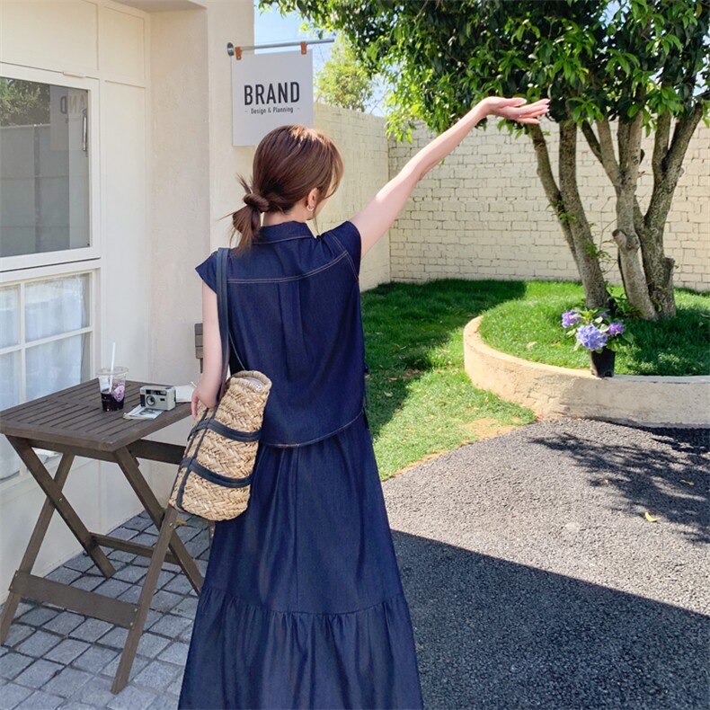 气质高级感穿搭无袖牛仔衬衫连衣裙女夏薄款好看工装长裙两件套装,女装套装/套裙,2C266