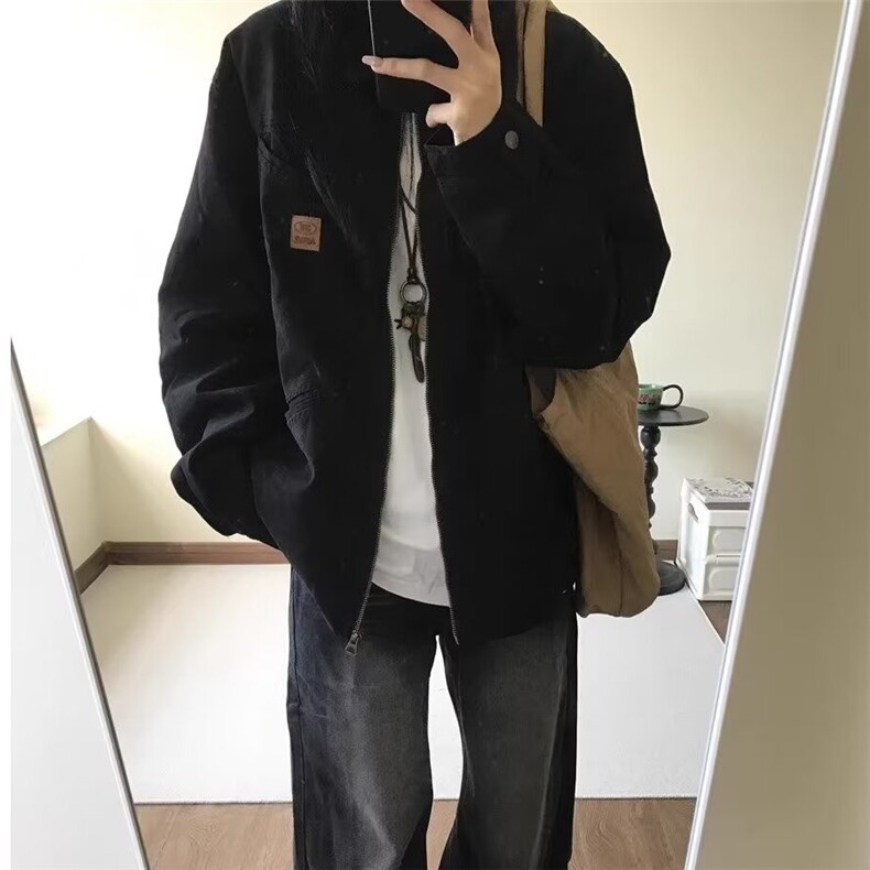 美式复古底特律夹克男女2025新款春秋季黑色情侣工装翻领开衫外套图片