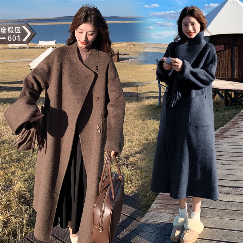 韩版加厚中长款双面羊绒大衣女2025年秋冬季新款显瘦围巾呢子外套,女装双面呢大衣,韩蜜菓