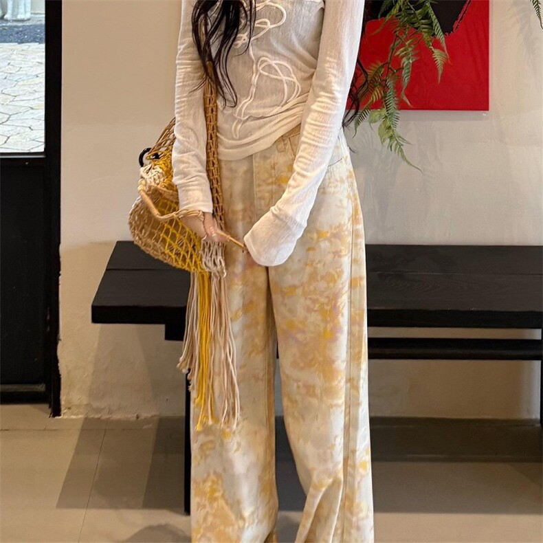 提花满印微喇牛仔裤男美式高街窄版修身显瘦直筒阔腿裤子K87,男装牛仔裤,星座516A