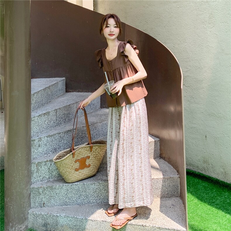 韩系小个子复古背心上衣套装女2025夏新款气质文艺范阔腿裤两件套,女装套装/套裙,2C170