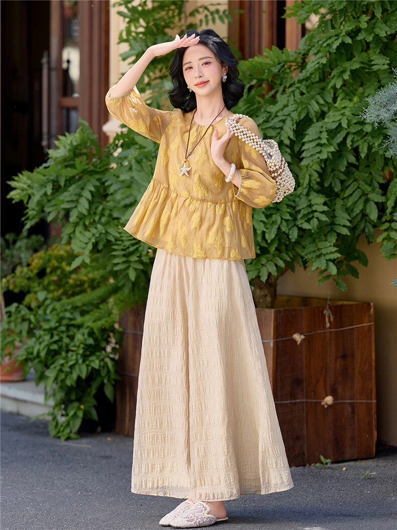 夏新款圆领绣花宽松小衫裙裤优雅气质套装女,女装套装/套裙,水衣源
