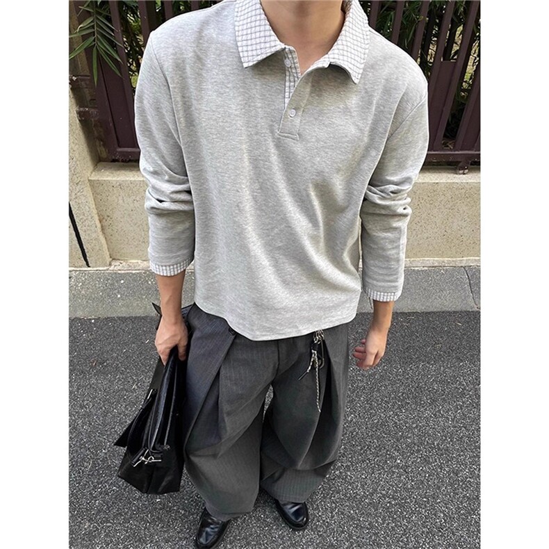 假两件polo衫长袖卫衣男秋季格子拼接正肩卫衣WY011-P45,男装卫衣,星座208-5