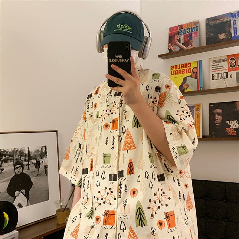 夏宽松美式复古趣味卡通满印短袖衬衫情侣XZ225-3-CS05-P35控45,男装衬衫,星座225-3